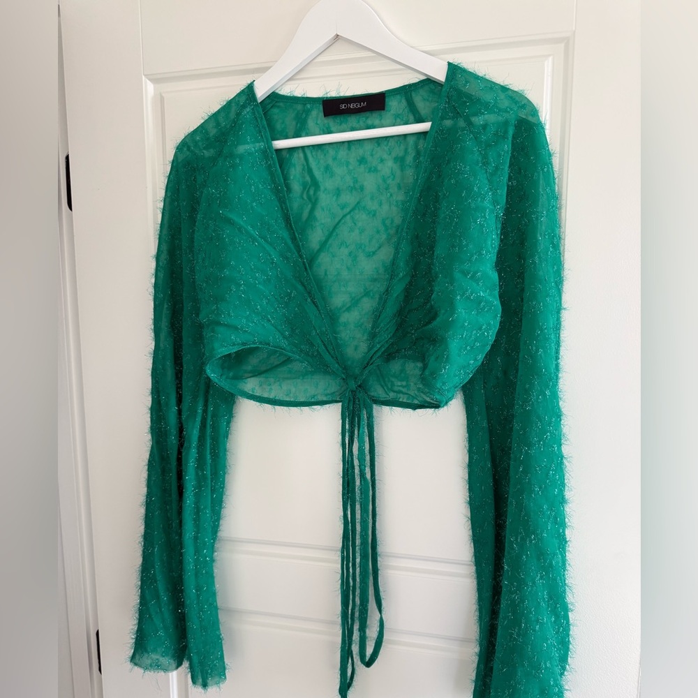 SID NEIGUM Green Sheer Long Sleeve Wrap Top